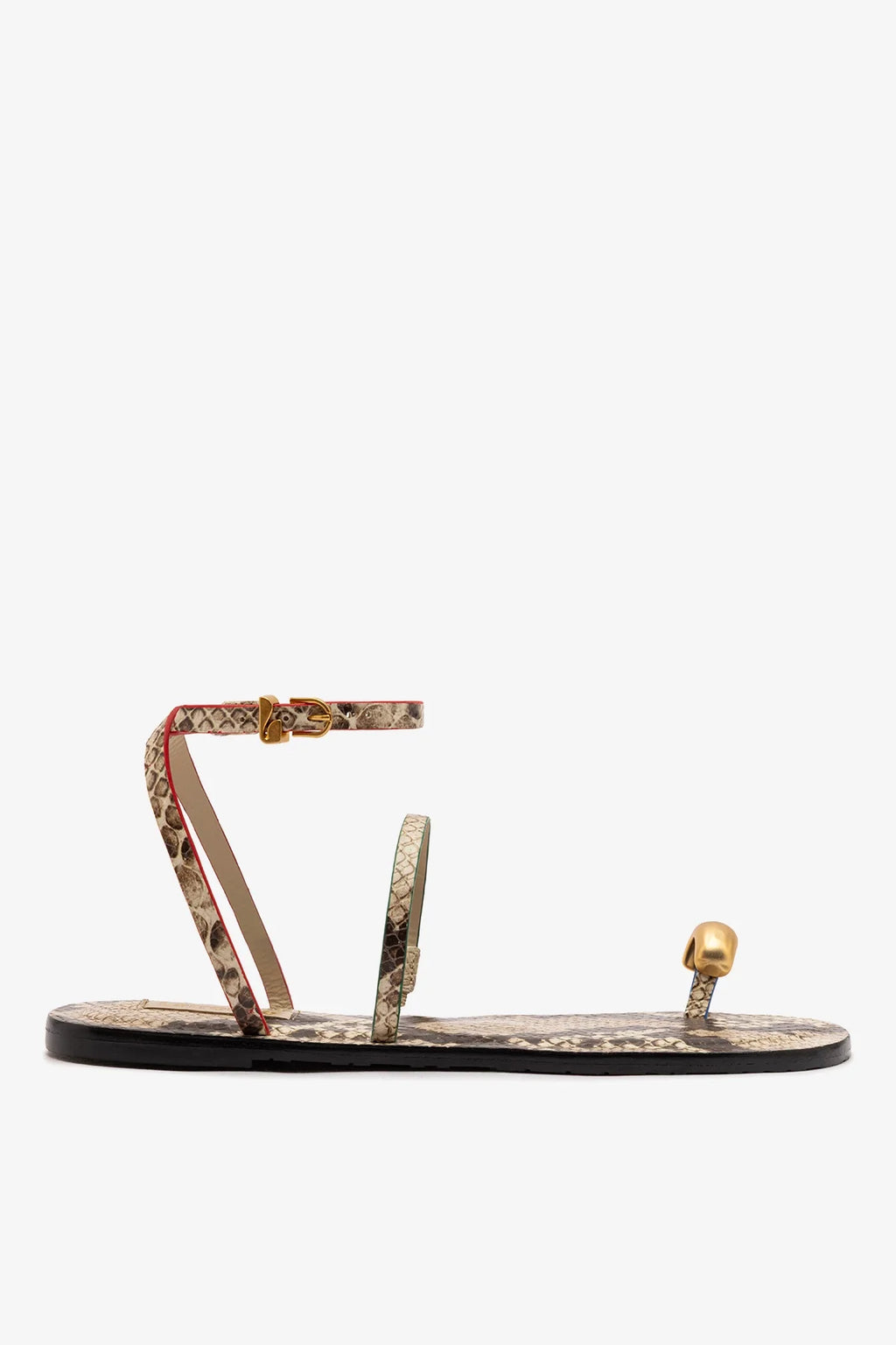 Neutral Snake Leather Flat Sandal with Ankle Strap
