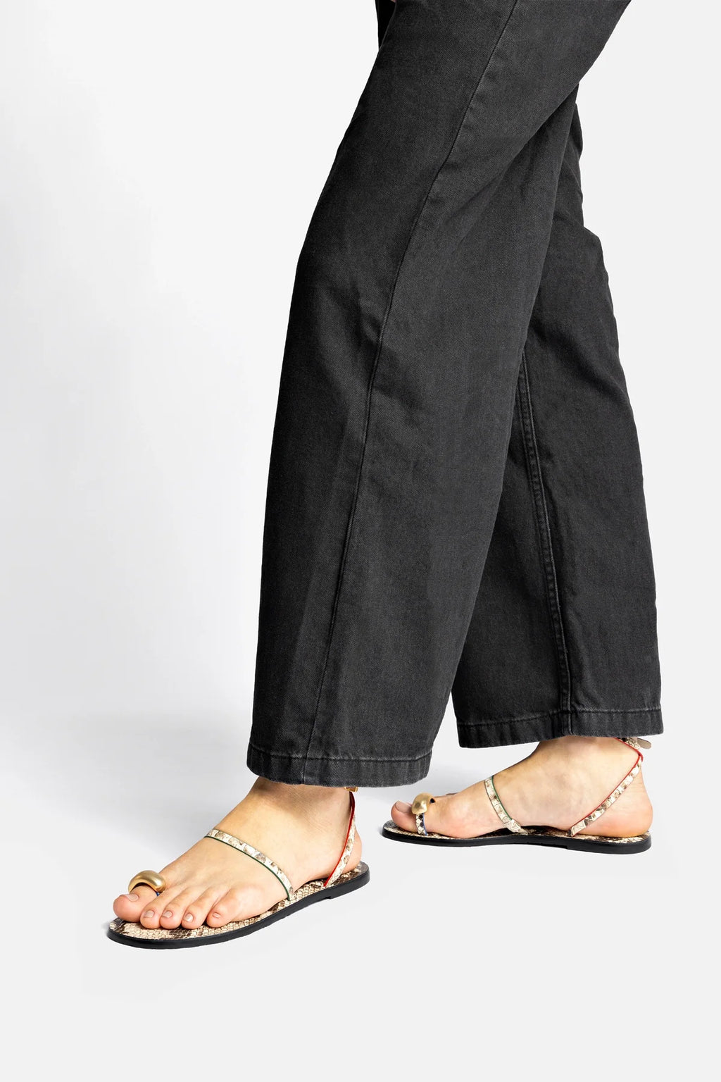 Neutral Snake Leather Flat Sandal with Ankle Strap