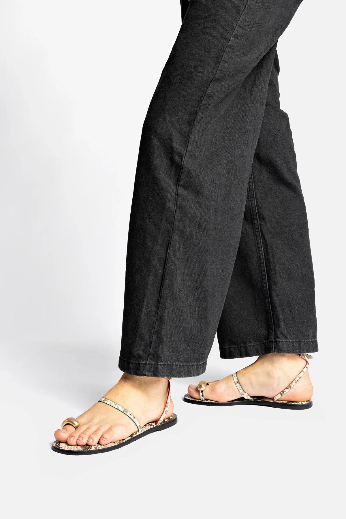 Neutral Snake Leather Flat Sandal with Ankle Strap