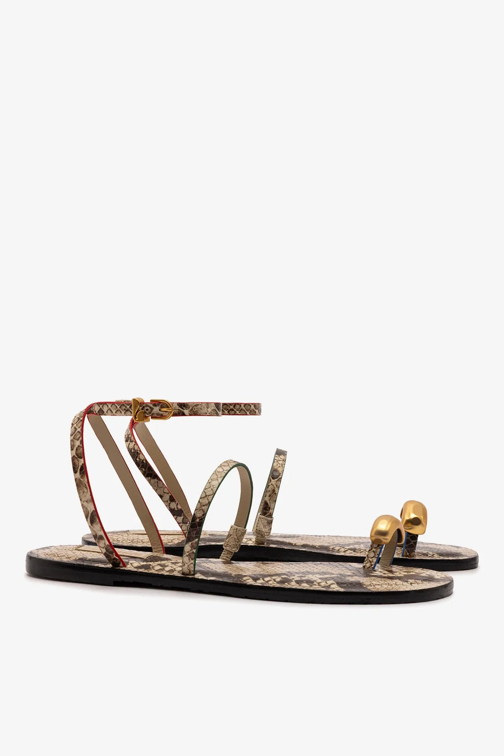 Neutral Snake Leather Flat Sandal with Ankle Strap