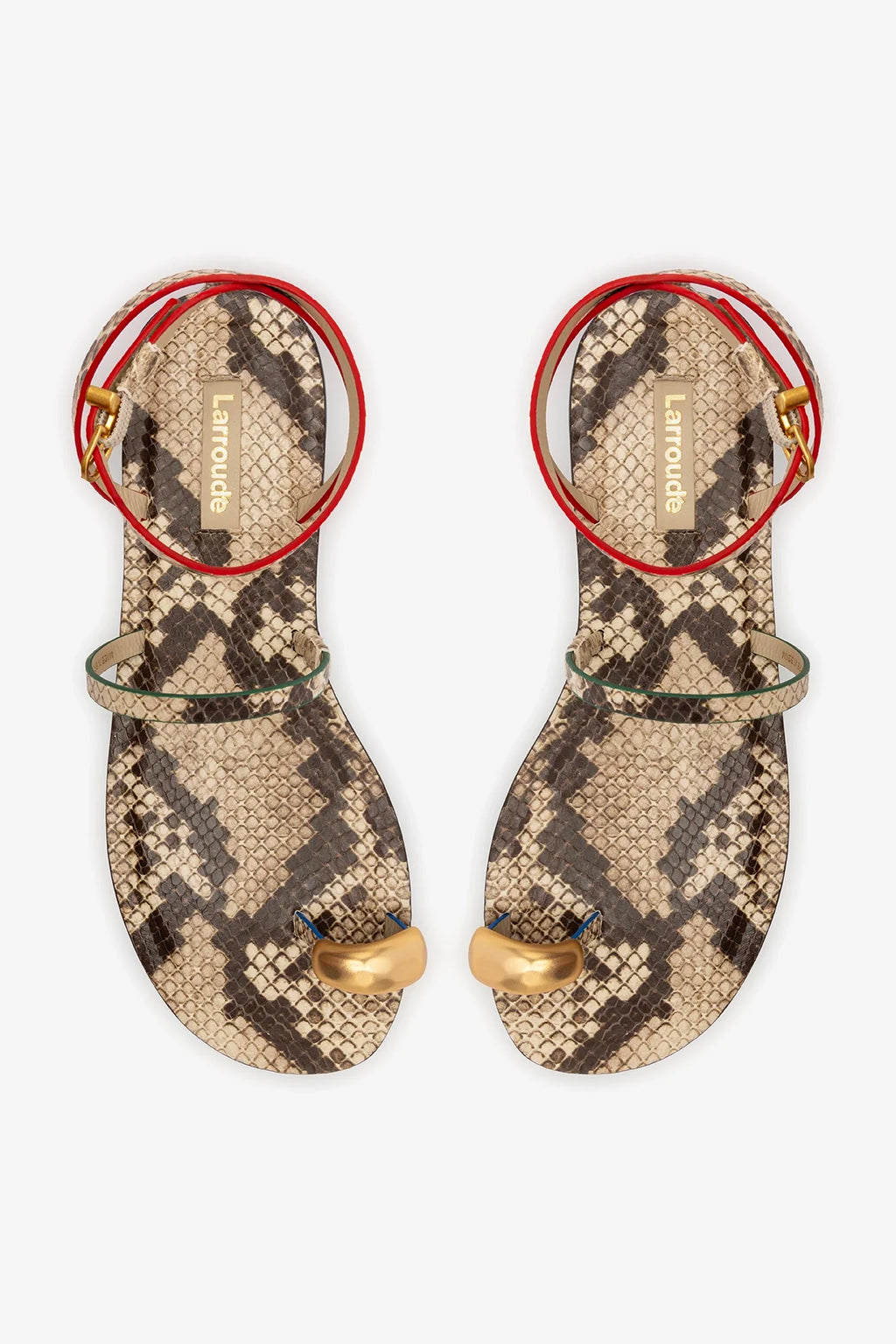 Neutral Snake Leather Flat Sandal with Ankle Strap