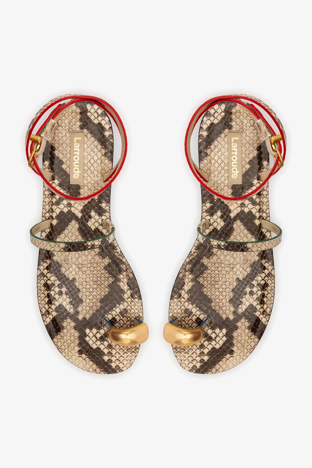 Neutral Snake Leather Flat Sandal with Ankle Strap