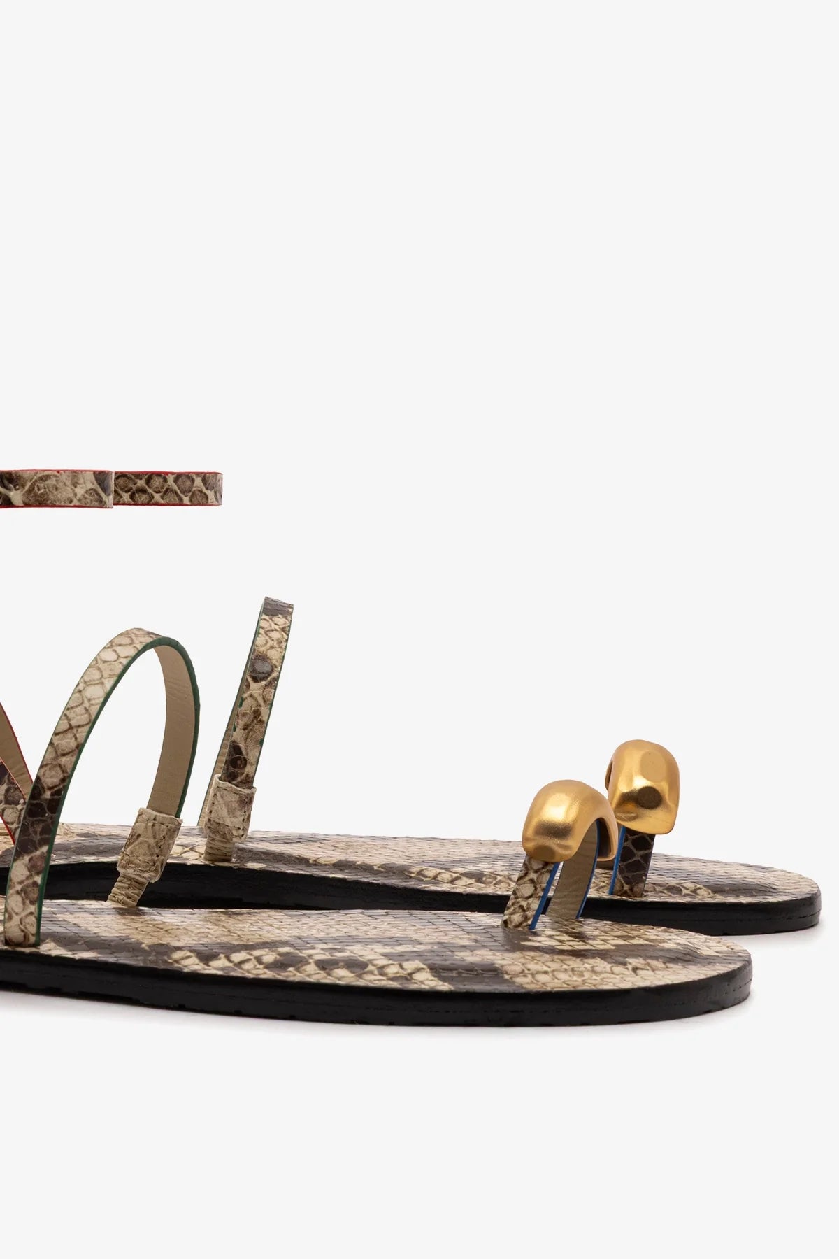 Neutral Snake Leather Flat Sandal with Ankle Strap