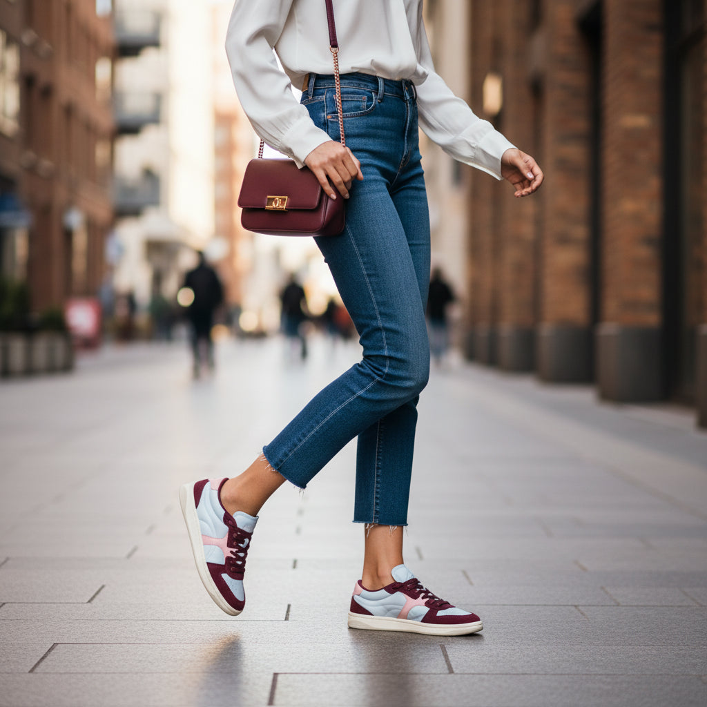 Burgundy Suede, Blue and Pink Leather Low-Profile Sneaker