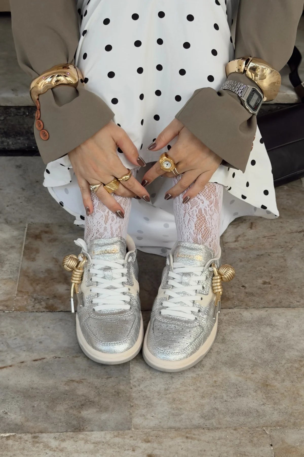 Silver Sparkle and Ivory Leather Low-Profile Sneaker