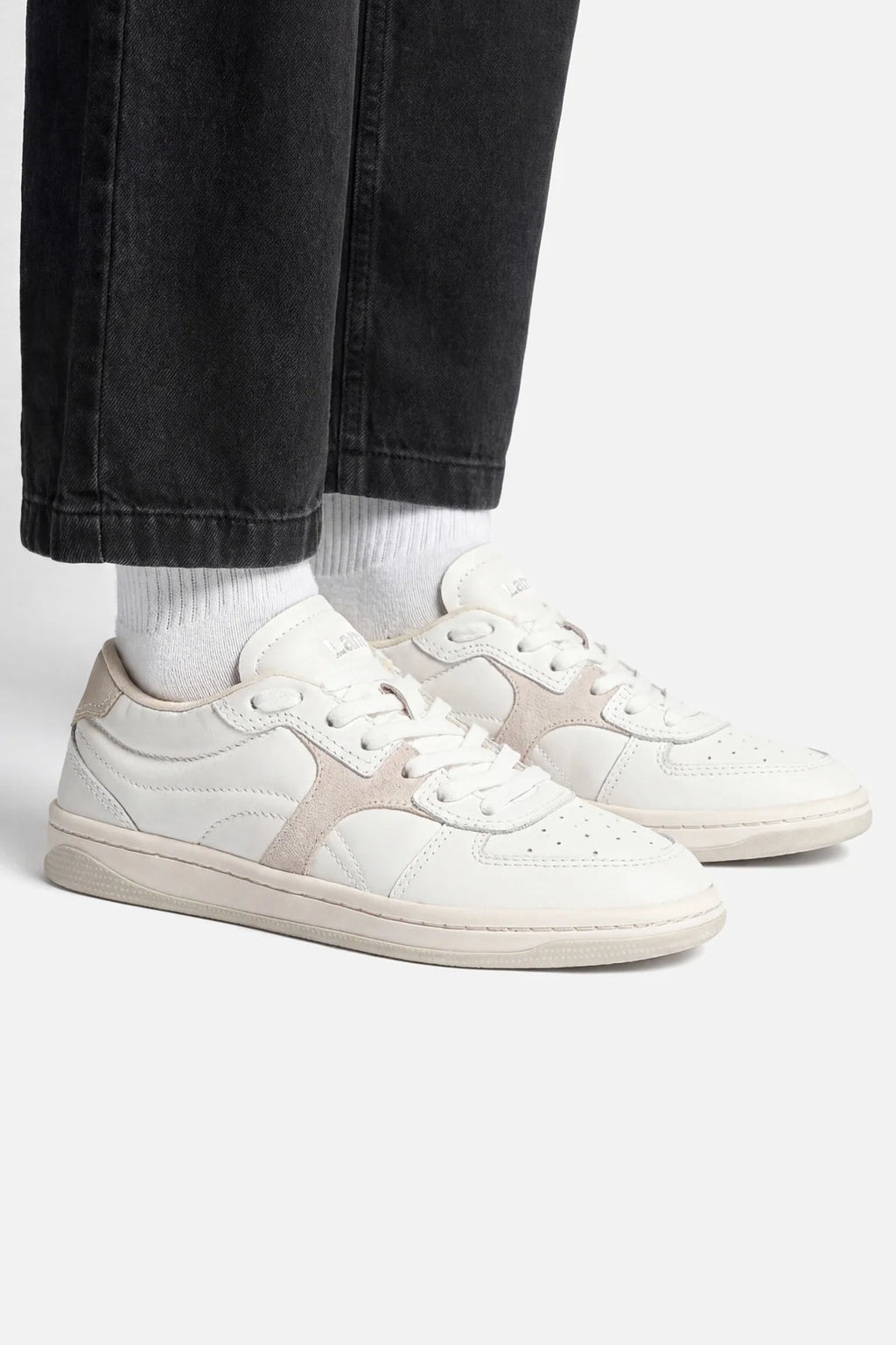 White Leather and Mushroom Grey Suede Low-Profile Sneaker