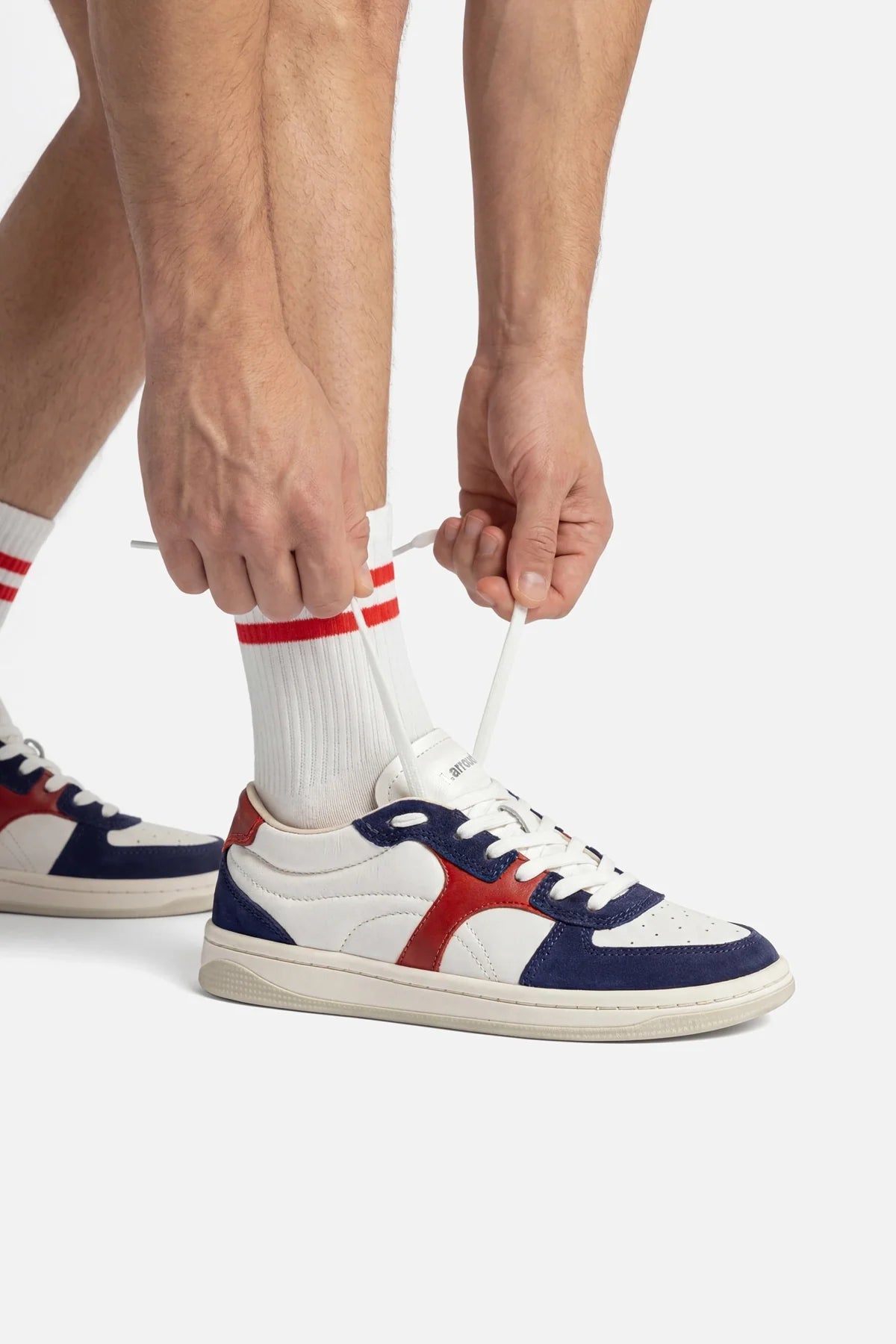 White, Blood Red Leather and Navy Suede Low-Profile Sneaker
