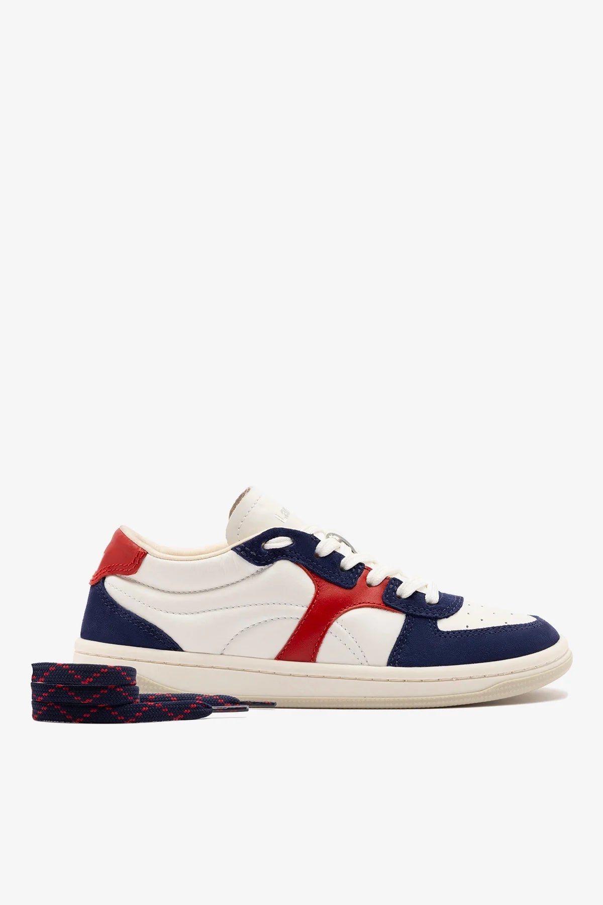 White, Blood Red Leather and Navy Suede Low-Profile Sneaker