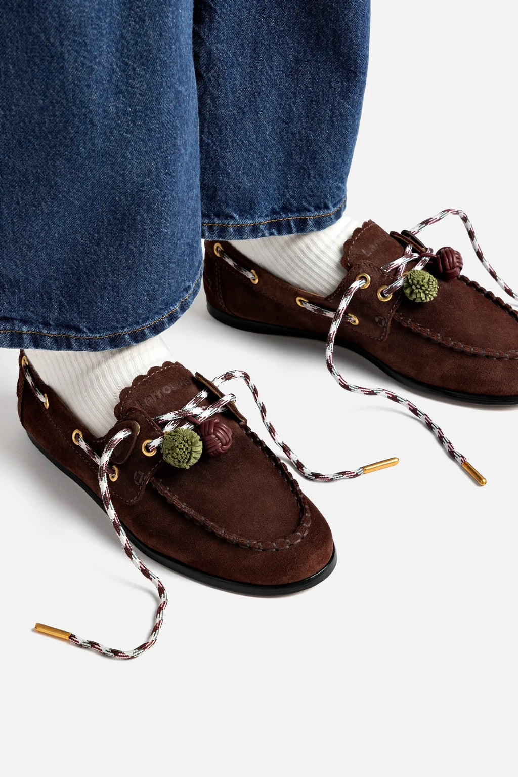 Brown Suede Boat Shoe with Pompom Laces