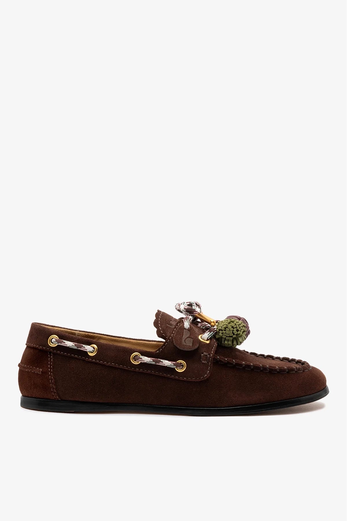 Brown Suede Boat Shoe with Pompom Laces
