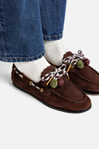 Brown Suede Boat Shoe with Pompom Laces