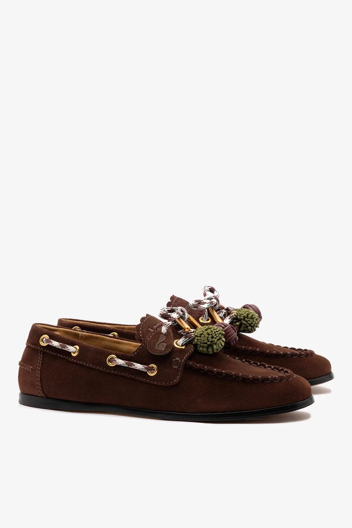 Brown Suede Boat Shoe with Pompom Laces