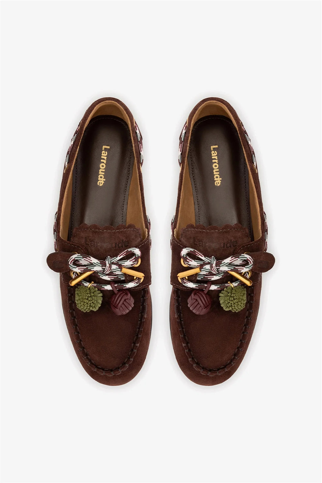 Brown Suede Boat Shoe with Pompom Laces