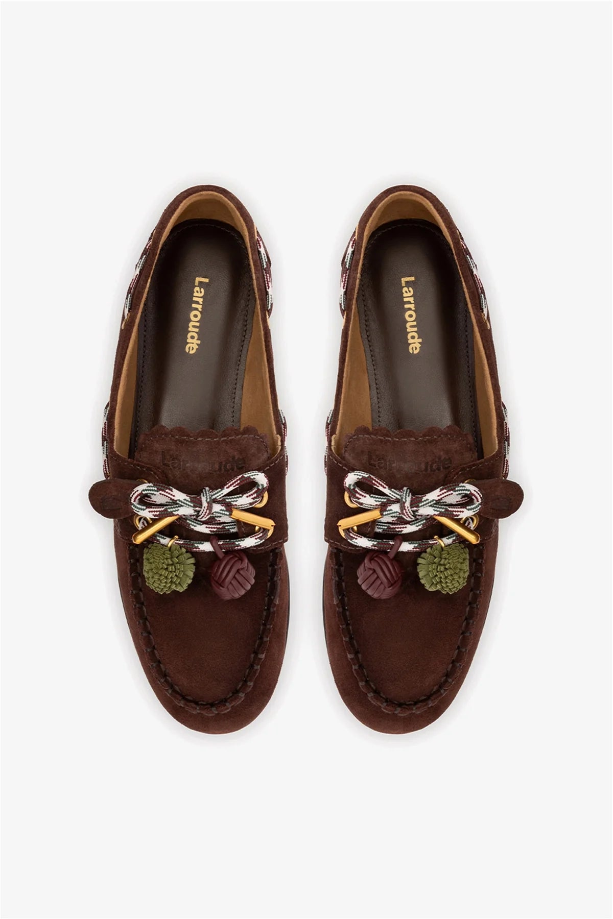Brown Suede Boat Shoe with Pompom Laces