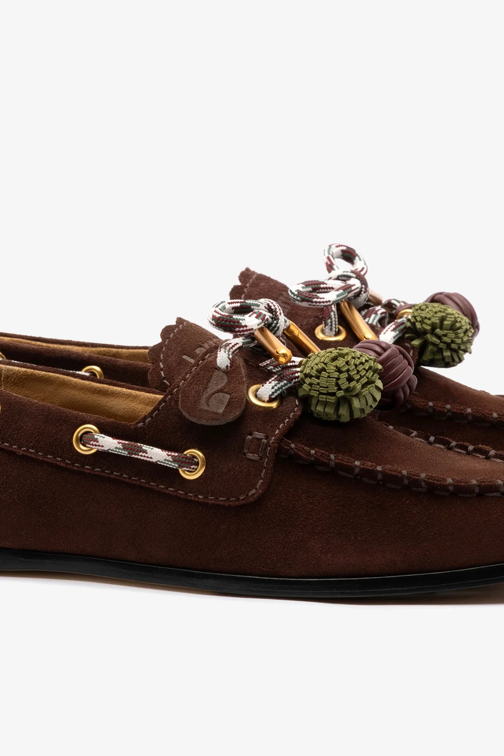 Brown Suede Boat Shoe with Pompom Laces