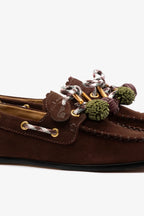 Brown Suede Boat Shoe with Pompom Laces