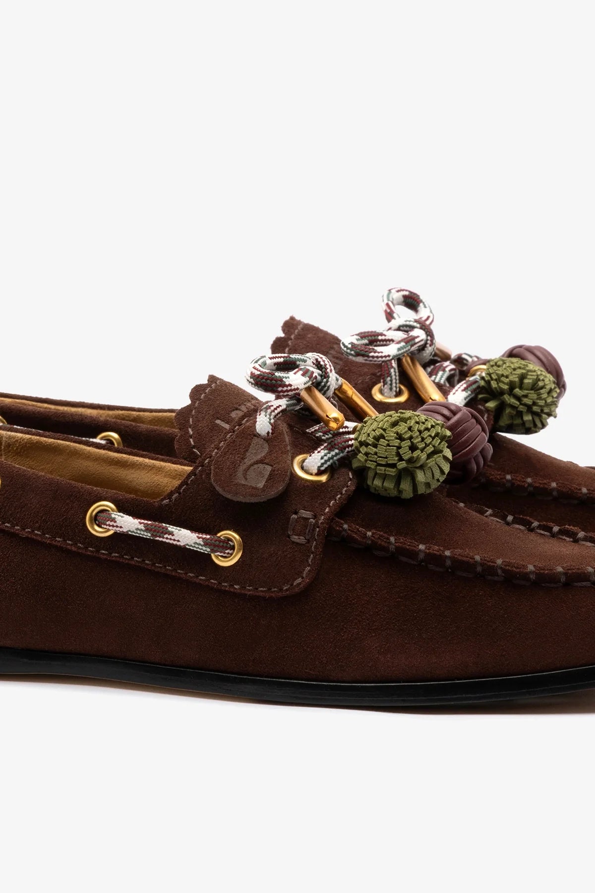 Brown Suede Boat Shoe with Pompom Laces
