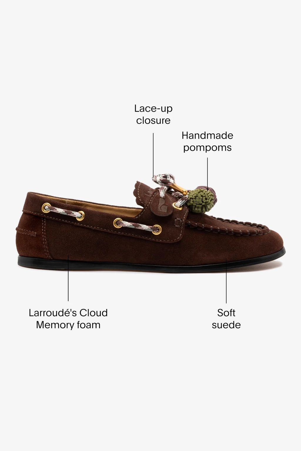 Brown Suede Boat Shoe with Pompom Laces