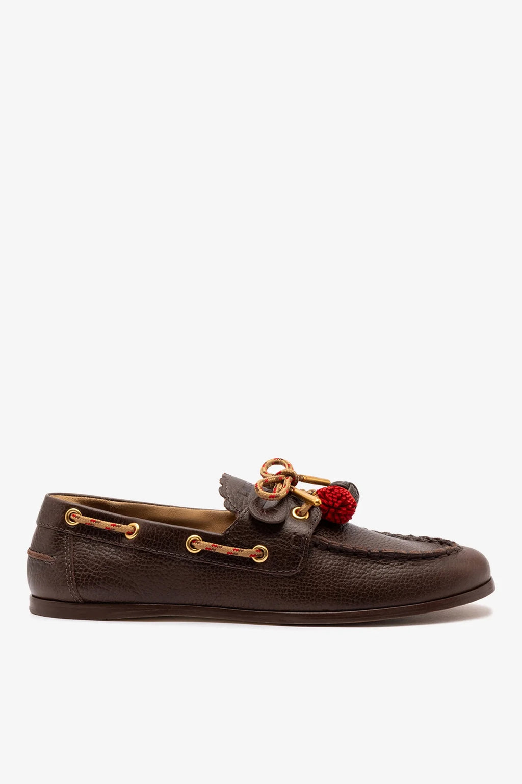 Brown Leather Boat Shoe with Pompom Laces
