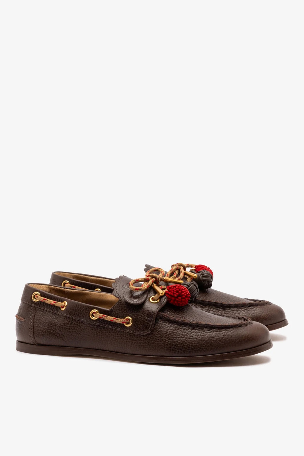 Brown Leather Boat Shoe with Pompom Laces