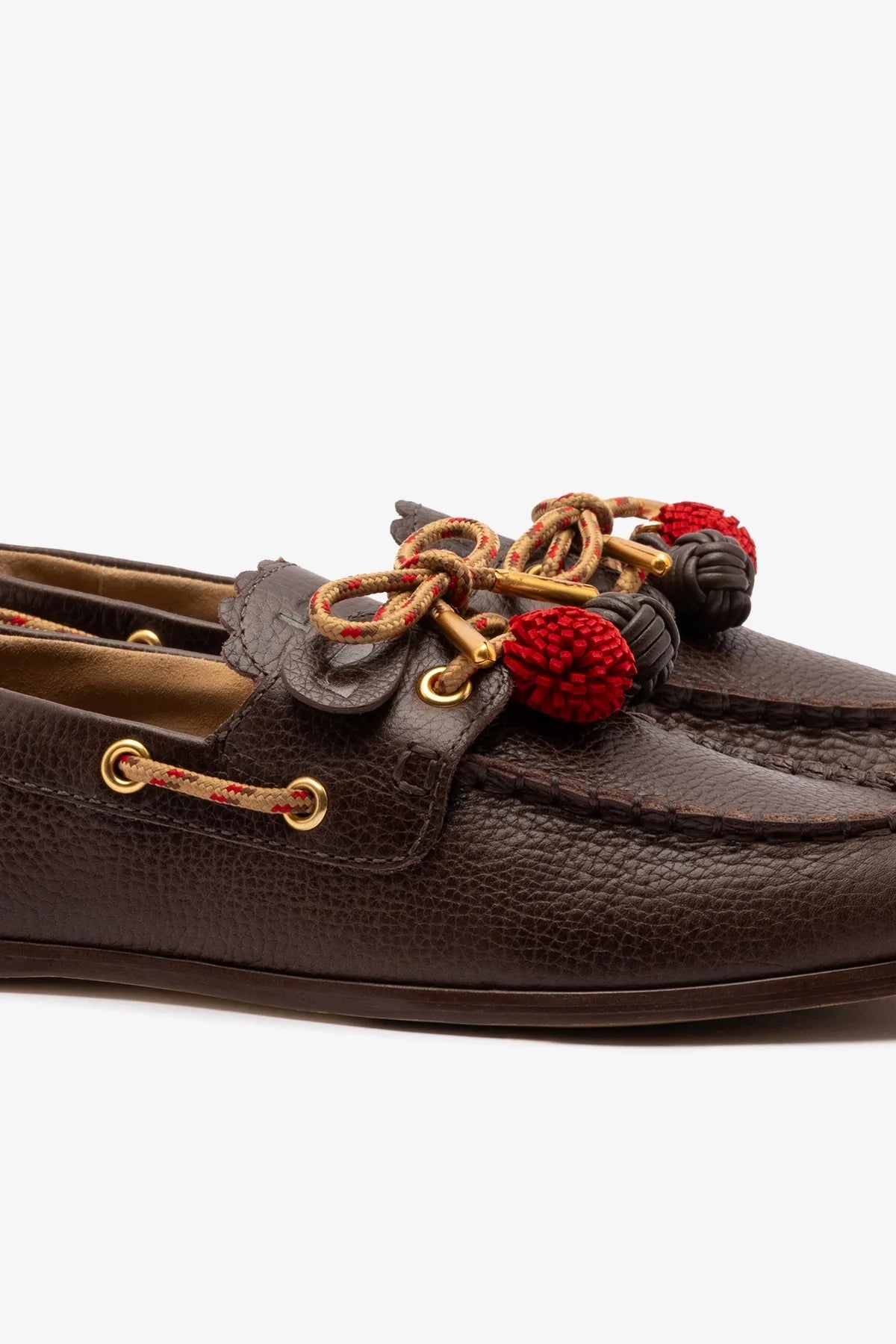 Brown Leather Boat Shoe with Pompom Laces