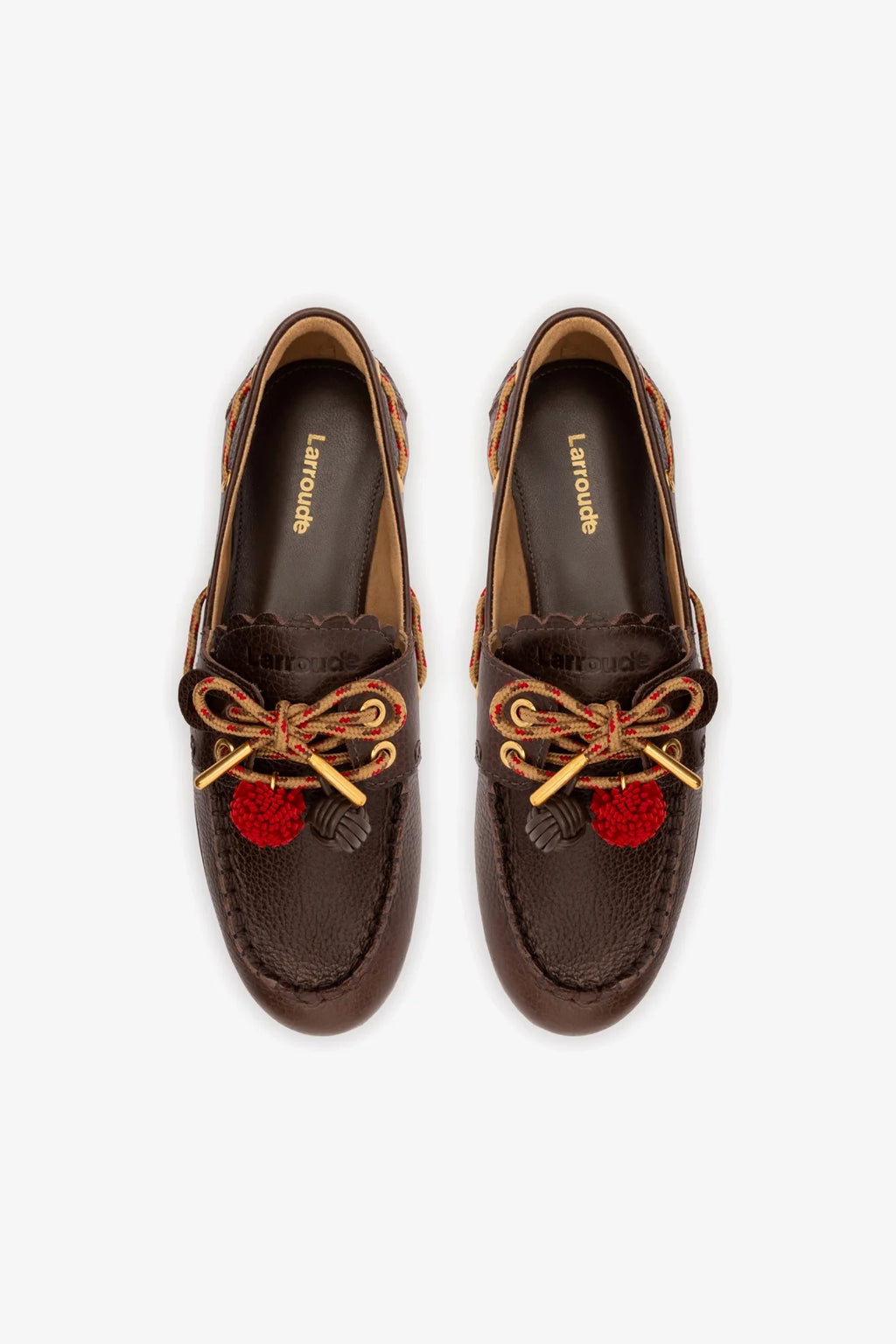 Brown Leather Boat Shoe with Pompom Laces