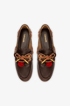Brown Leather Boat Shoe with Pompom Laces