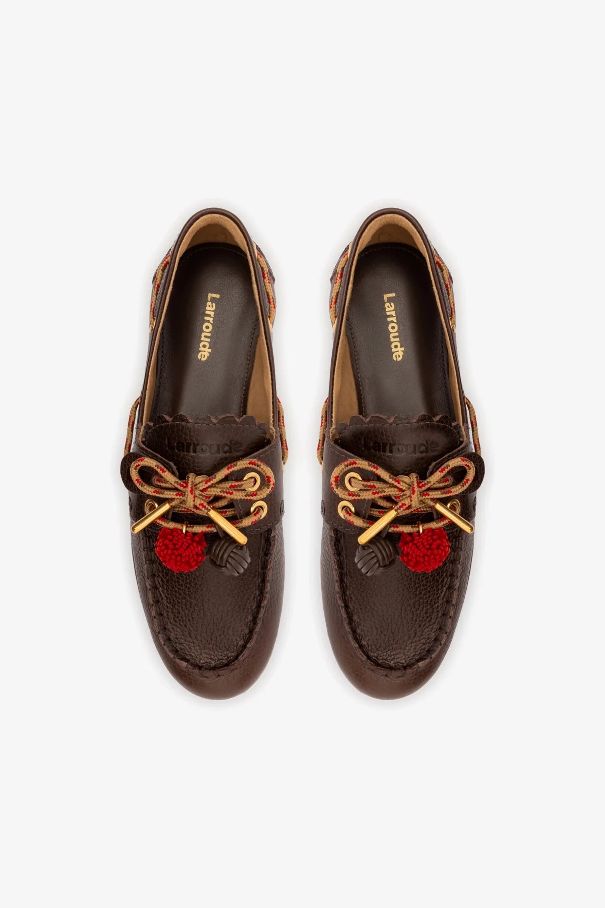 Brown Leather Boat Shoe with Pompom Laces