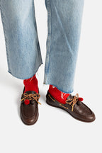 Brown Leather Boat Shoe with Pompom Laces