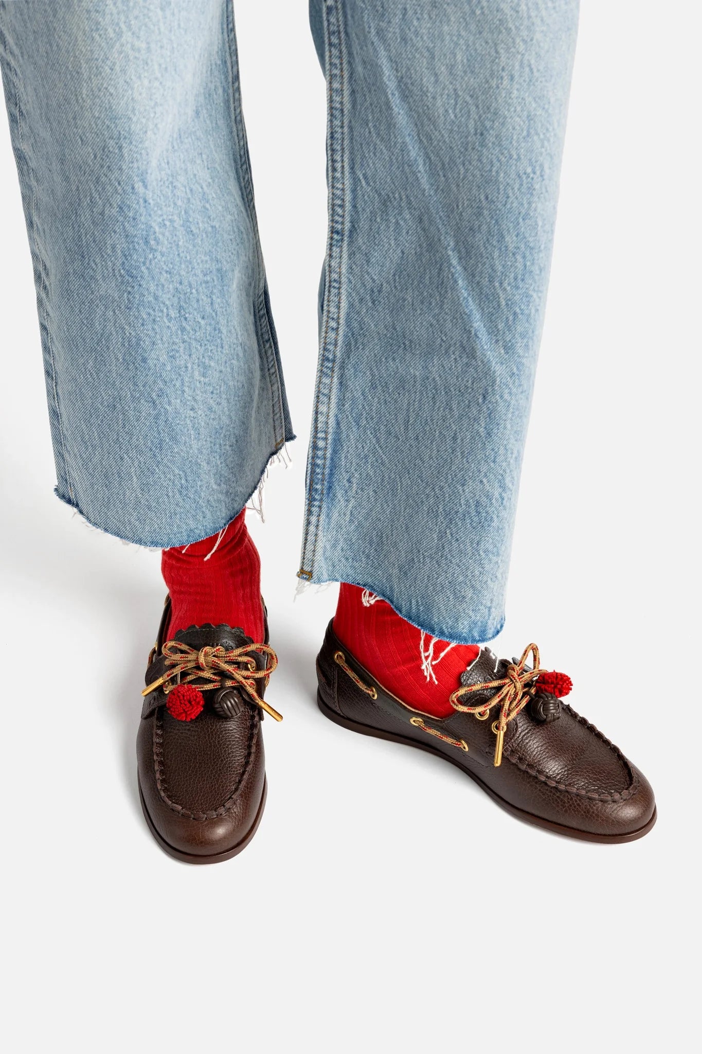 Brown Leather Boat Shoe with Pompom Laces