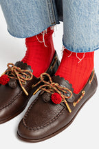 Brown Leather Boat Shoe with Pompom Laces