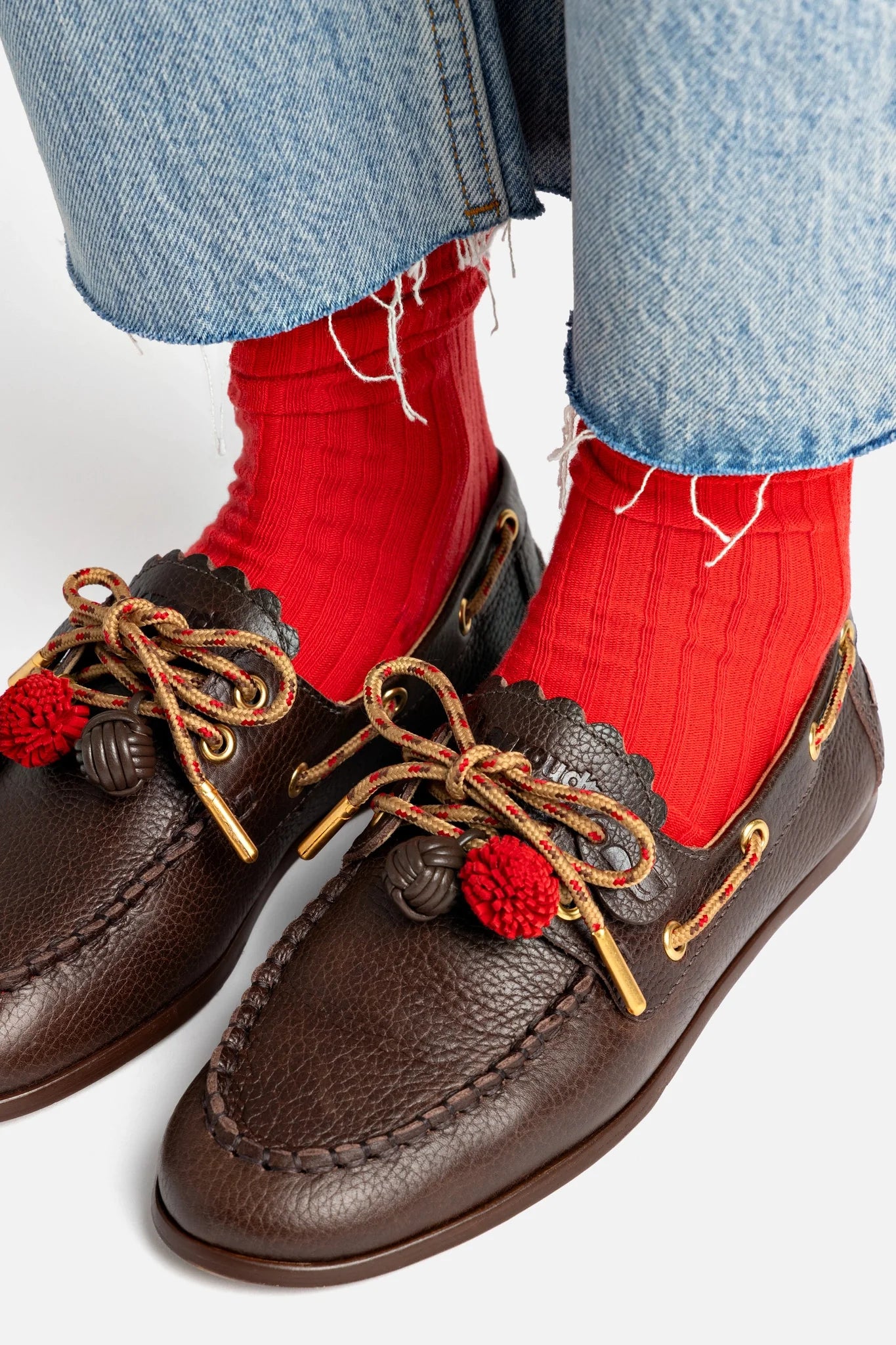 Brown Leather Boat Shoe with Pompom Laces