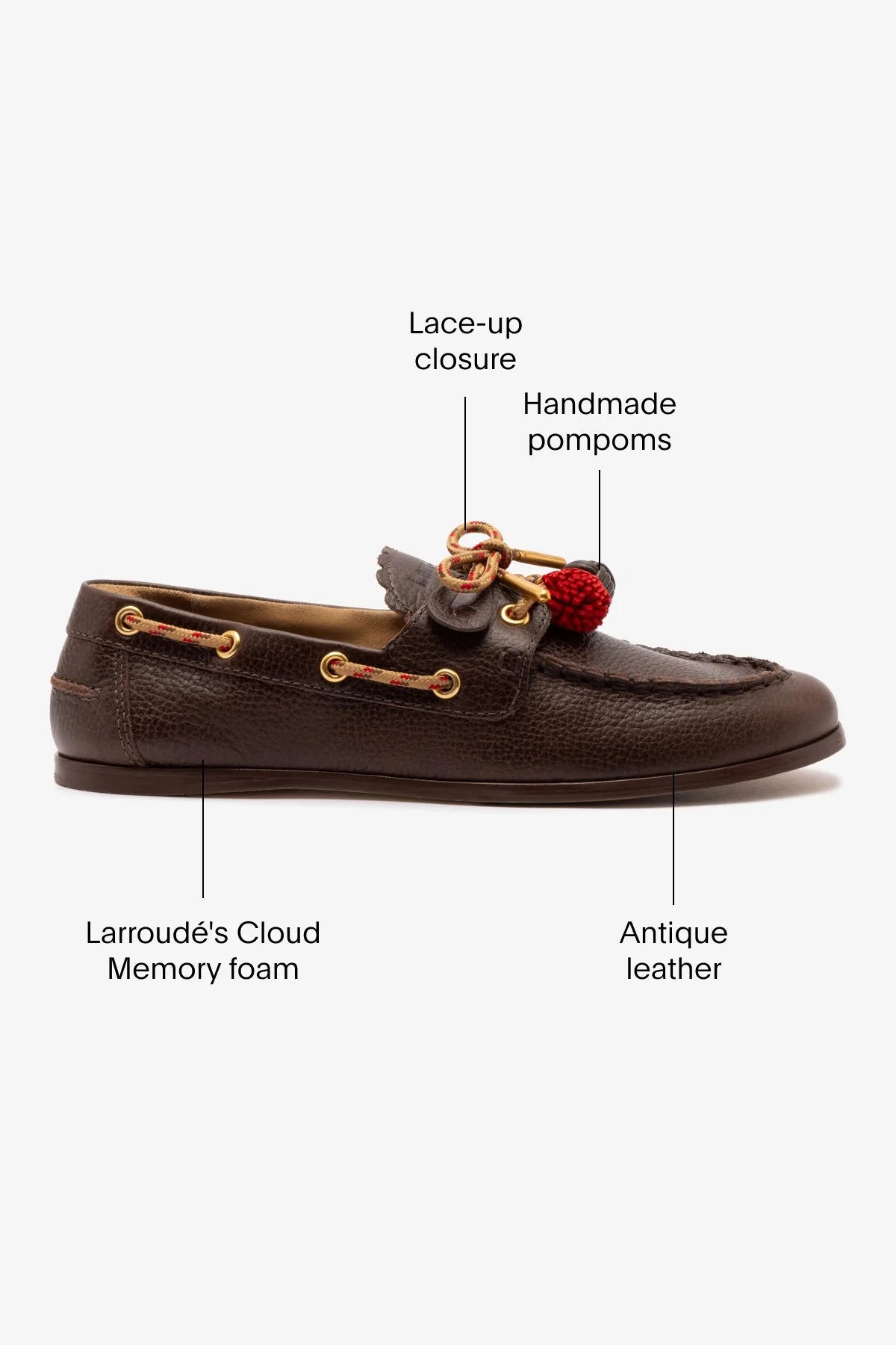 Brown Leather Boat Shoe with Pompom Laces