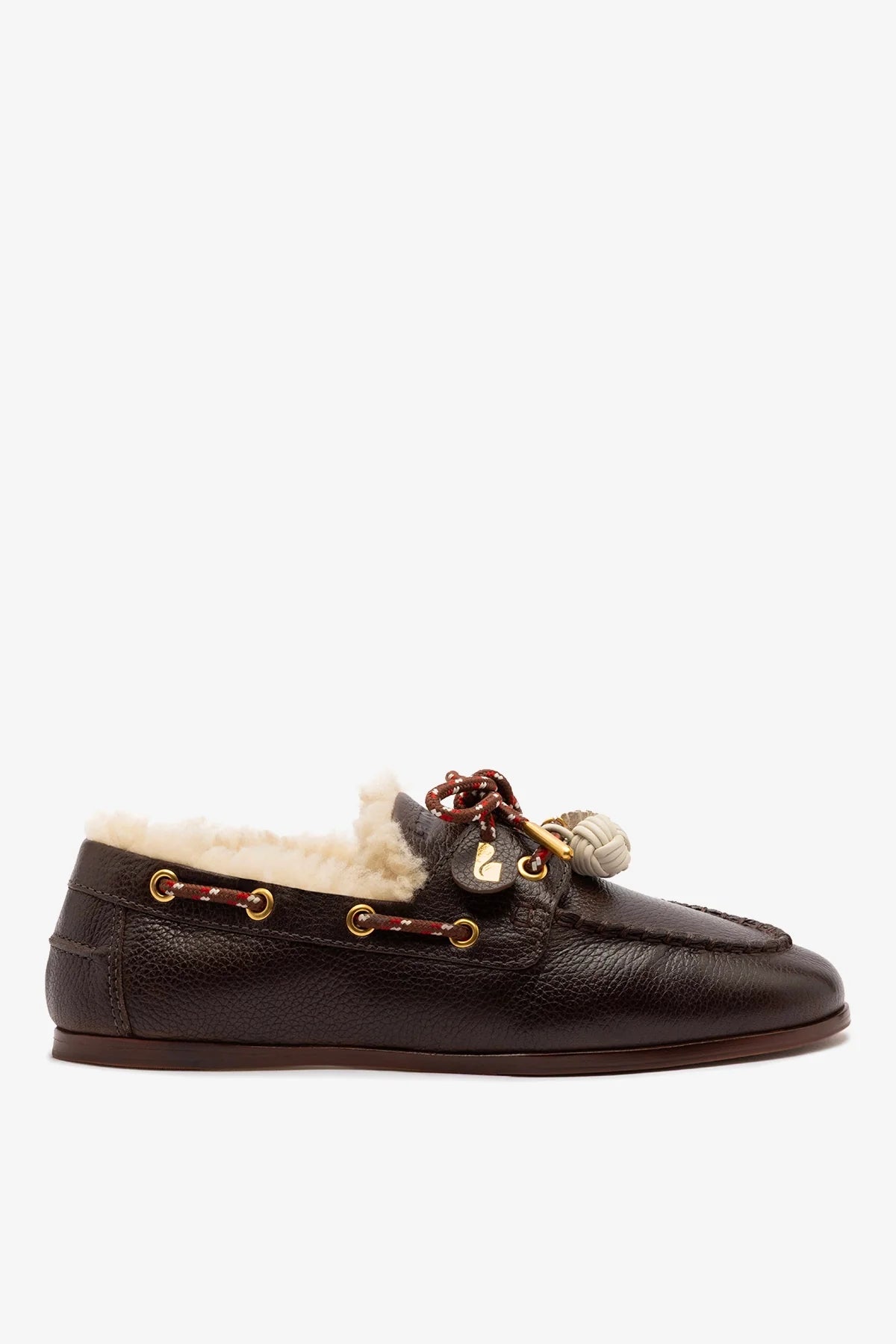 Brown Leather and Natural Shearling Boat Shoe