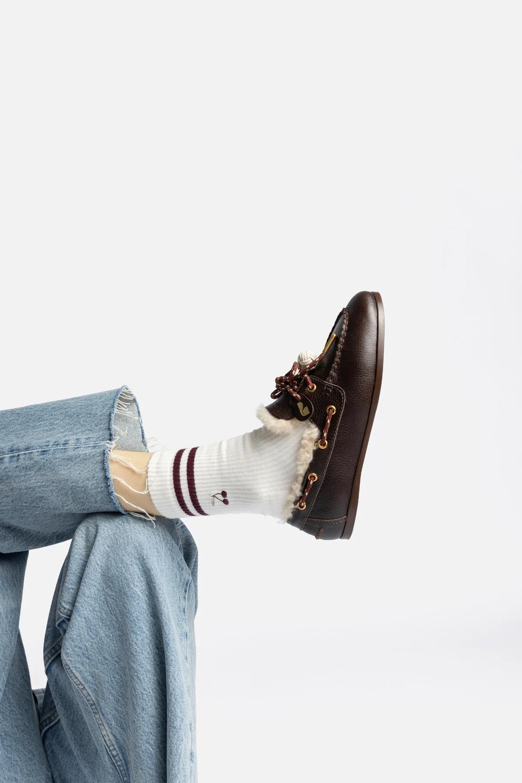 Brown Leather and Natural Shearling Boat Shoe