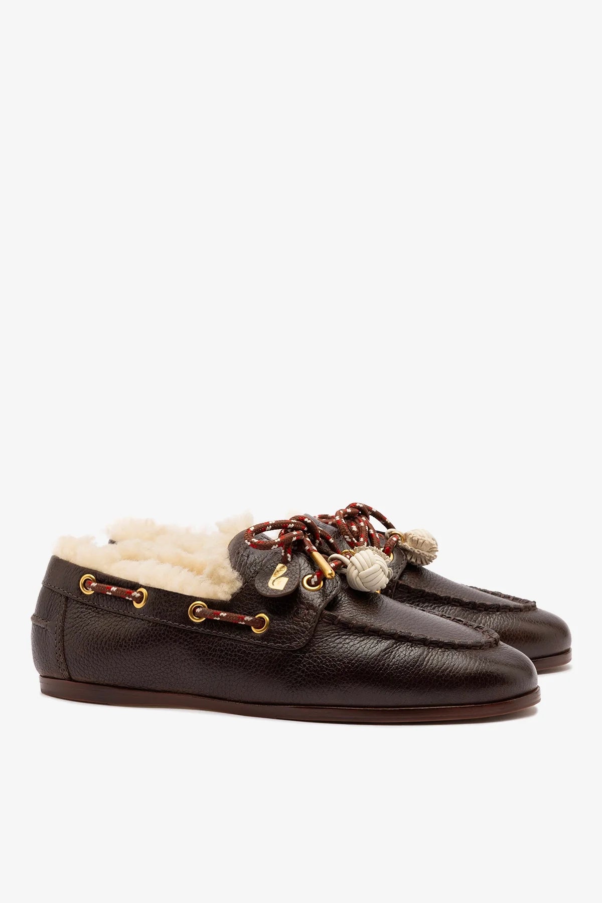 Brown Leather and Natural Shearling Boat Shoe