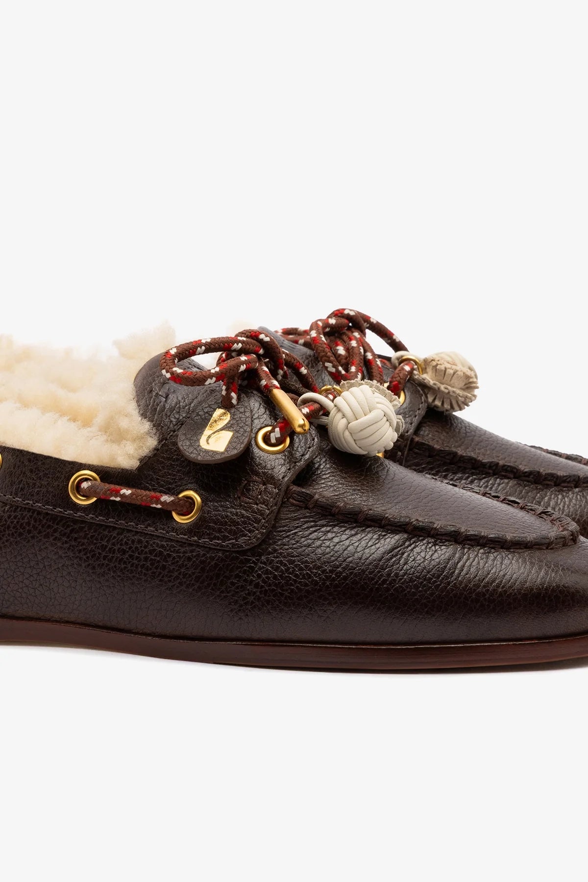 Brown Leather and Natural Shearling Boat Shoe