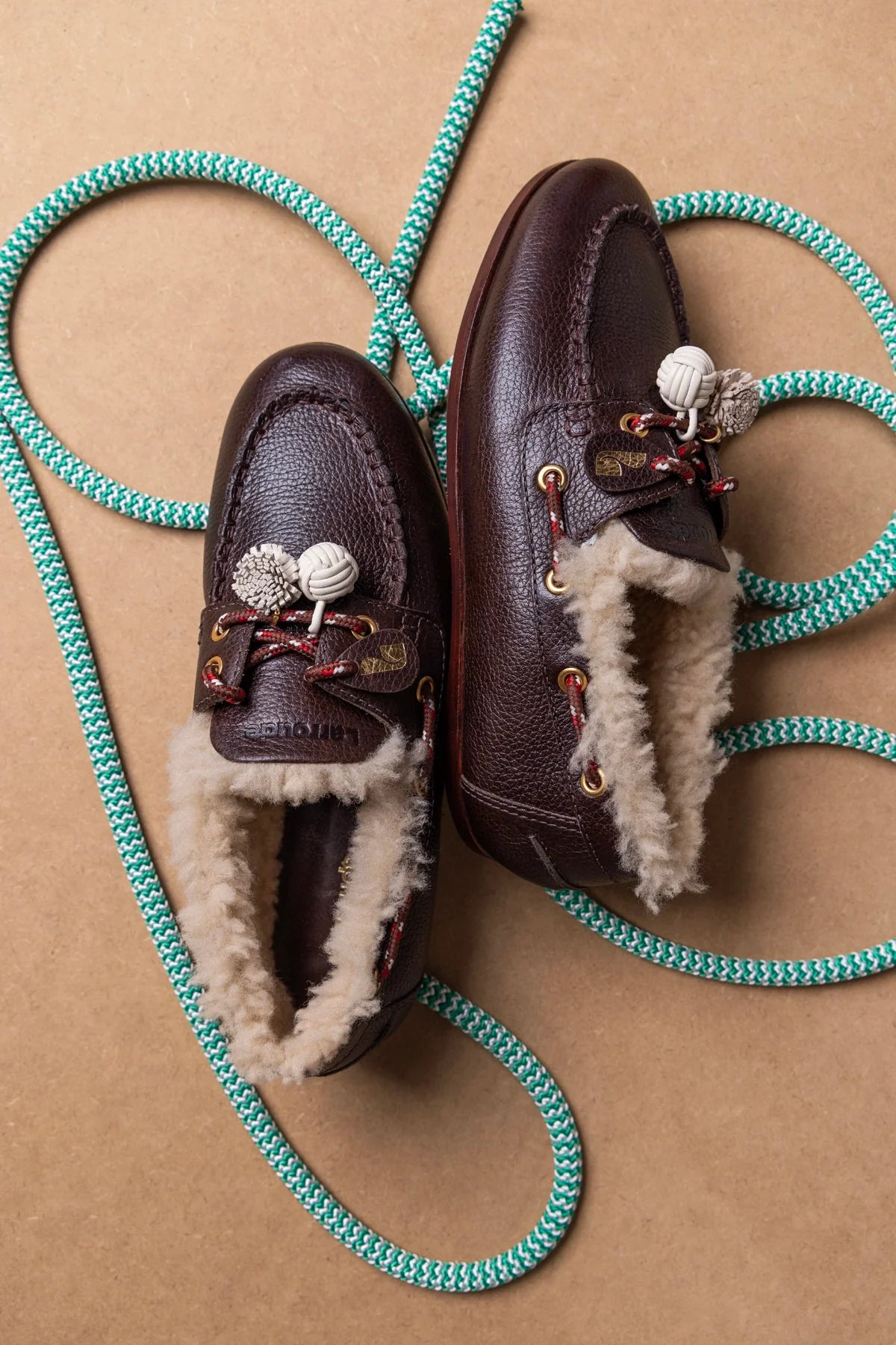 Brown Leather and Natural Shearling Boat Shoe