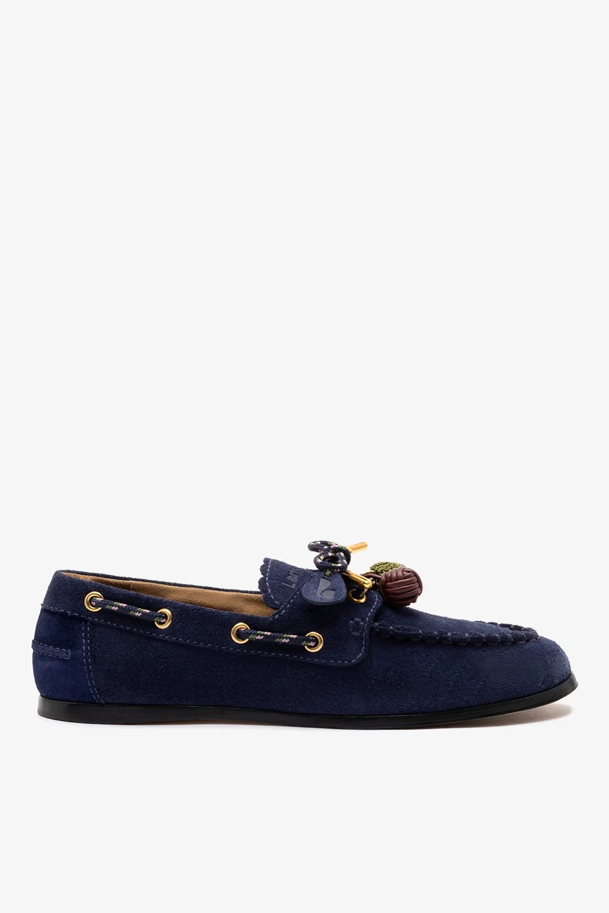 Navy Suede Boat Shoe with Pompom Laces