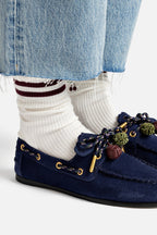 Navy Suede Boat Shoe with Pompom Laces