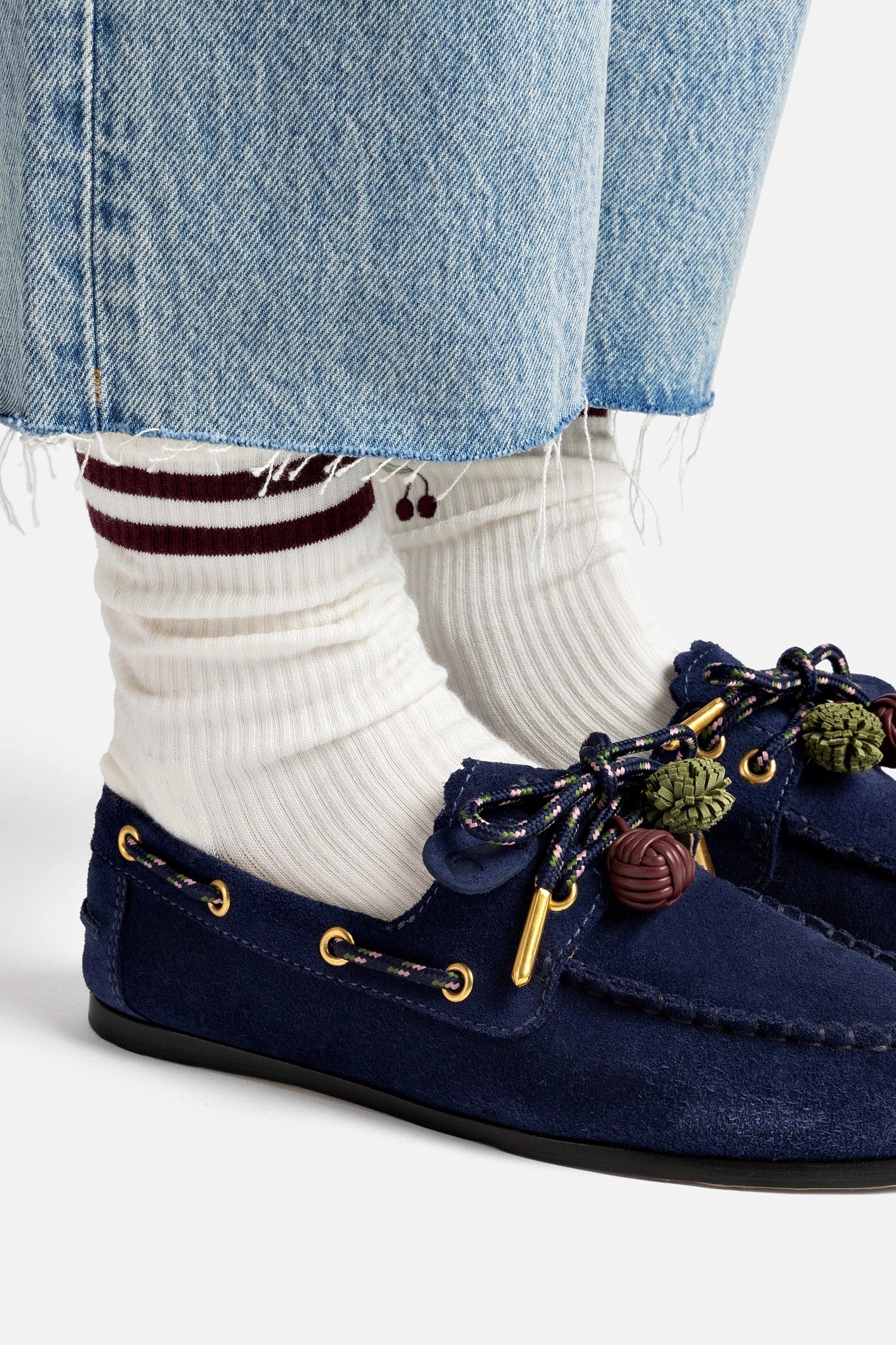Navy Suede Boat Shoe with Pompom Laces