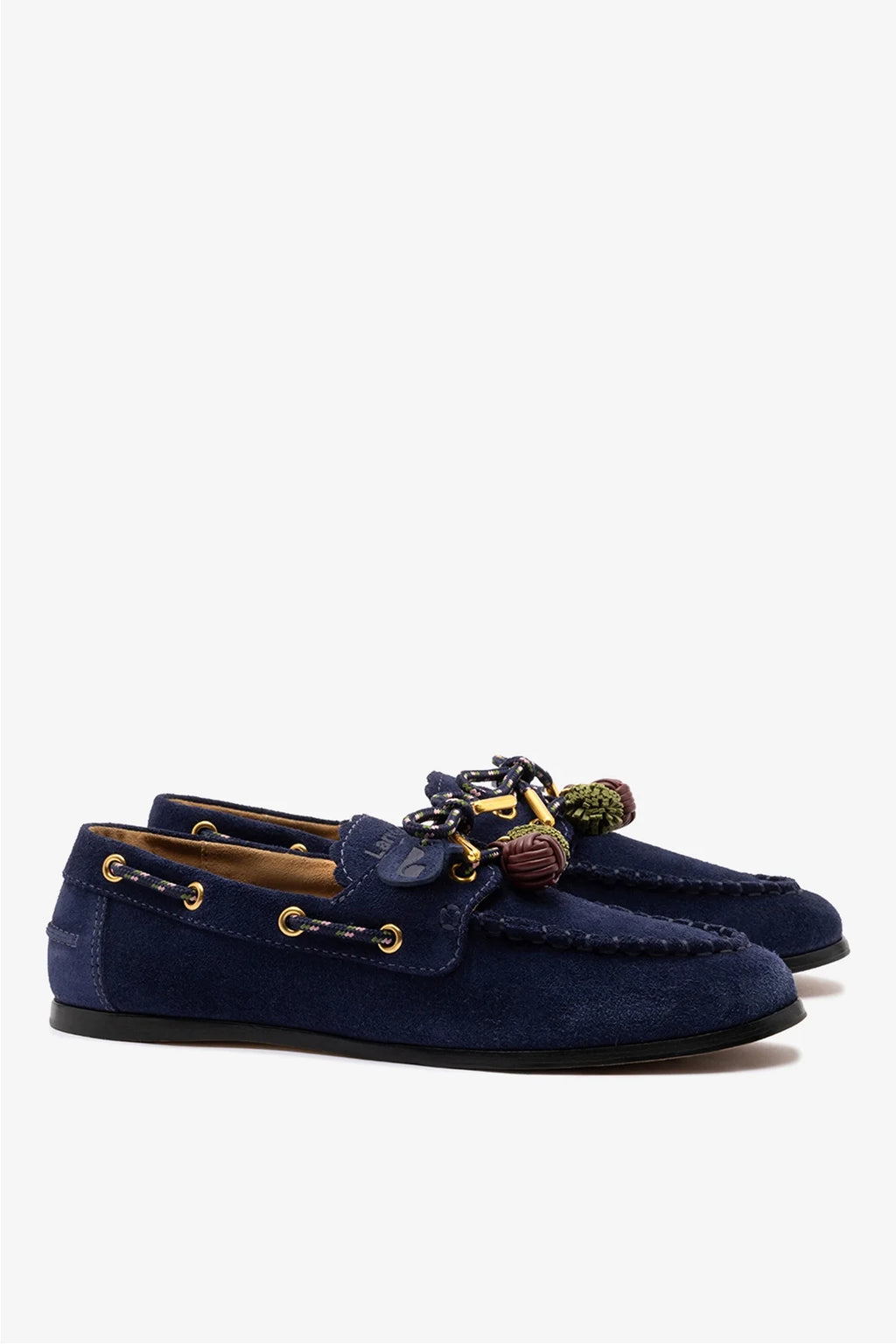 Navy Suede Boat Shoe with Pompom Laces