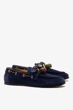 Navy Suede Boat Shoe with Pompom Laces