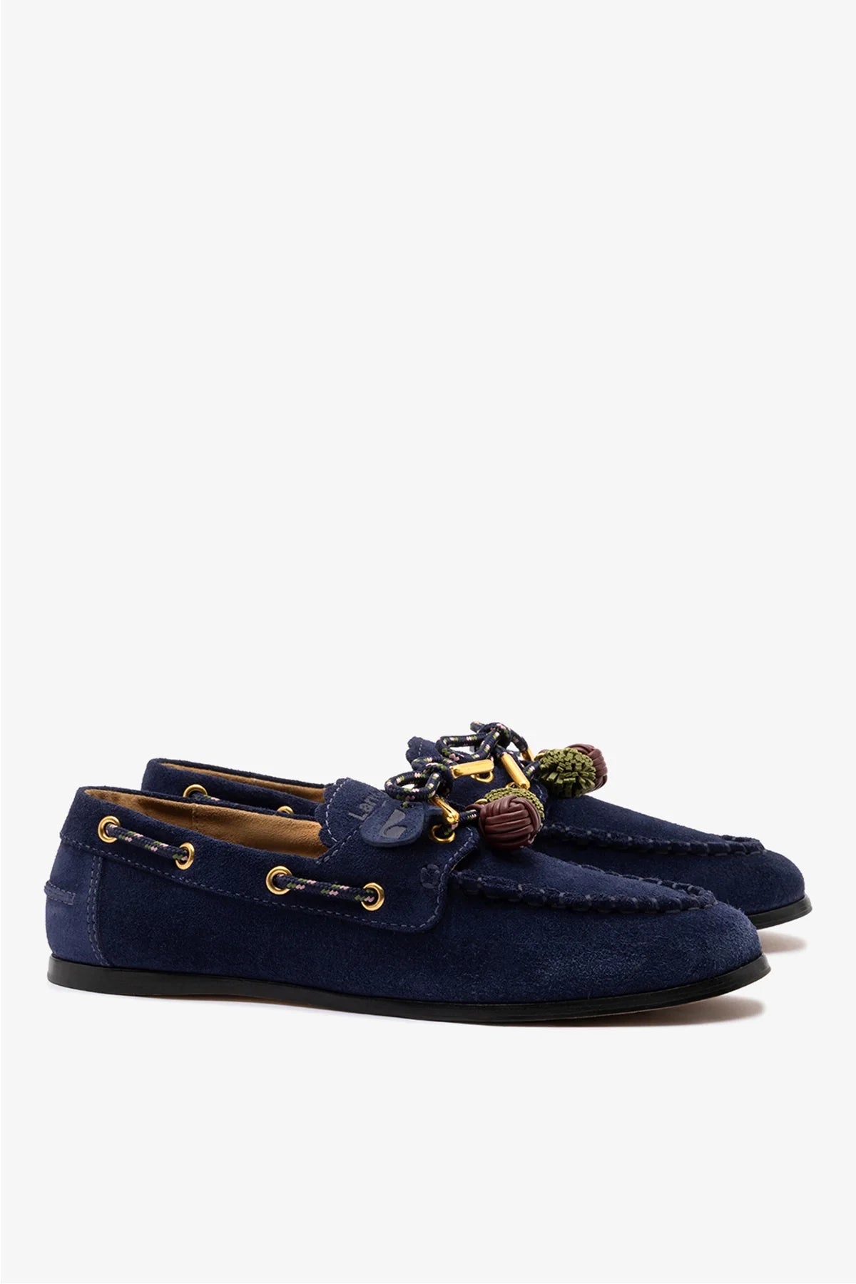 Navy Suede Boat Shoe with Pompom Laces