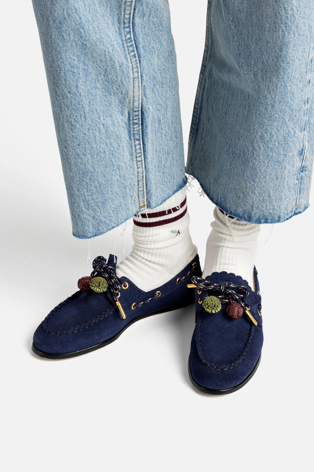 Navy Suede Boat Shoe with Pompom Laces