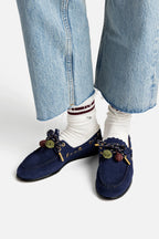 Navy Suede Boat Shoe with Pompom Laces