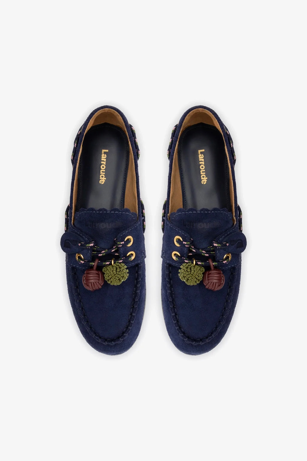 Navy Suede Boat Shoe with Pompom Laces