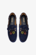 Navy Suede Boat Shoe with Pompom Laces