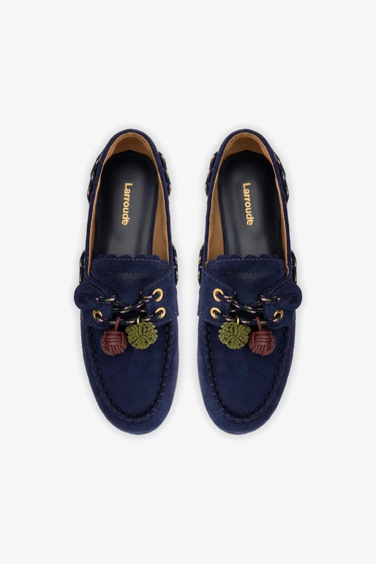 Navy Suede Boat Shoe with Pompom Laces