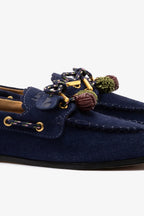Navy Suede Boat Shoe with Pompom Laces